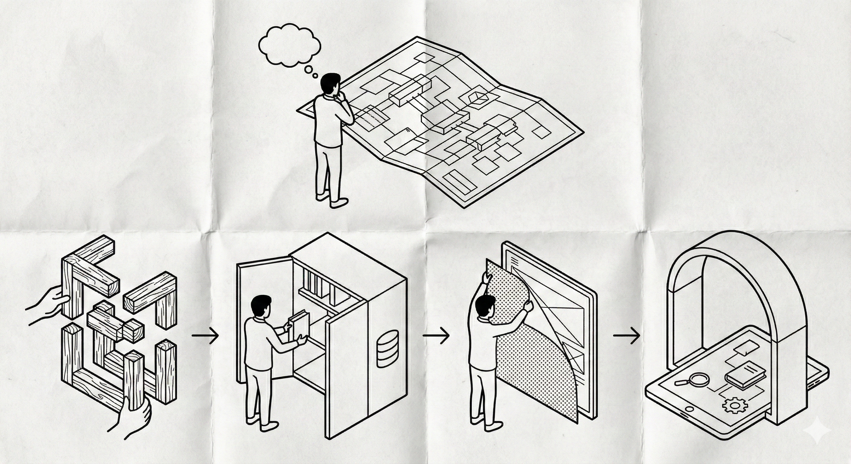 Plan de construction de la nouvelle bibliothèque C-Prévu, présentant 4 étapes de développement.